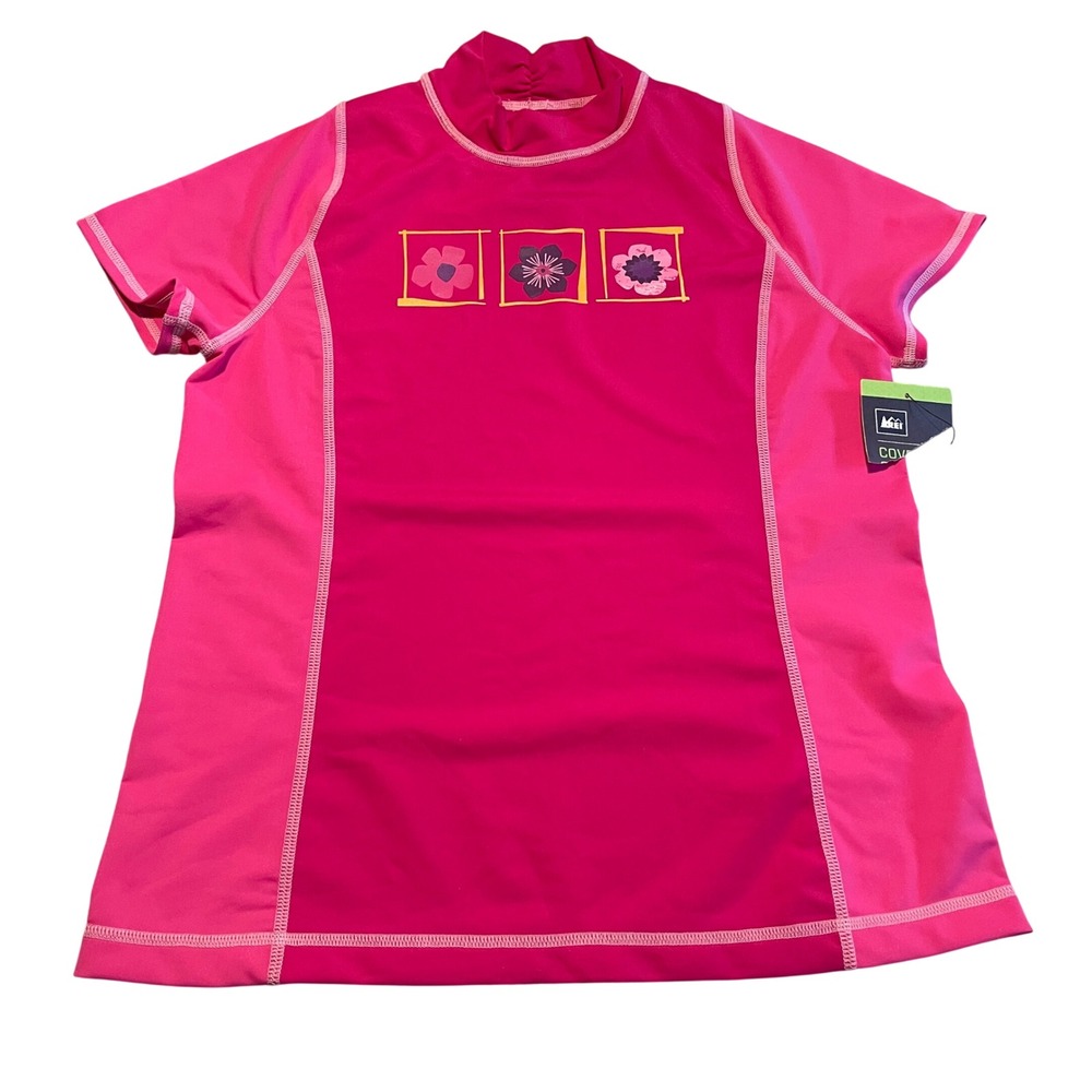 REI Rash Guard Kids L 14-16 Pink Floral Short Sleeve Mock Neck Swim Shirt NWT